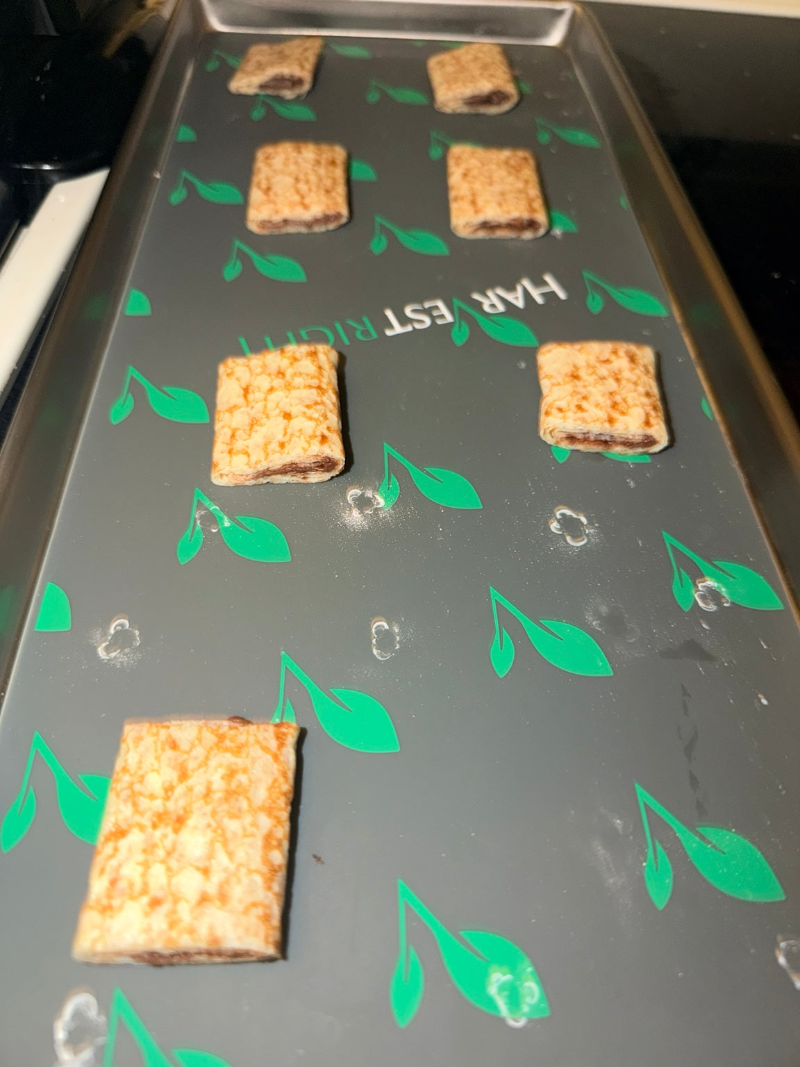 Strawberry-filled and Nutella-filled crepe bites prepared on a freeze-dryer tray