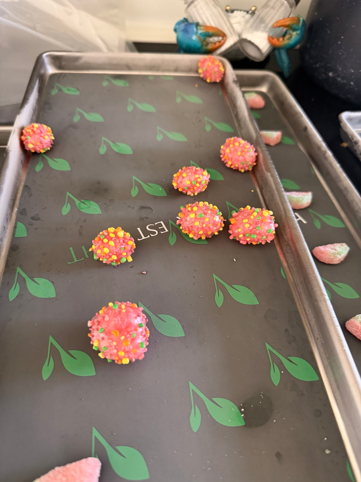 Tray of freeze-dried strawberry Nerds gummy clusters