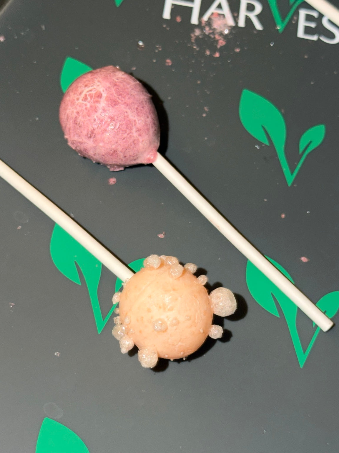 Close-up of two freeze-dried lollipops